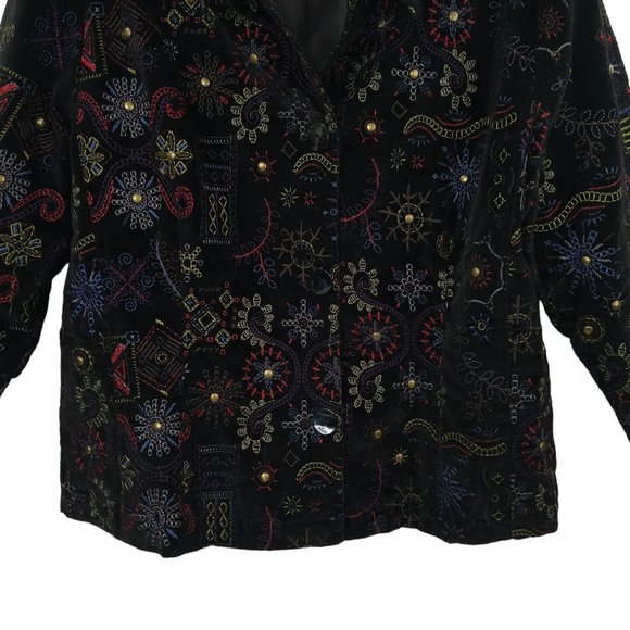 Chicos Black Velvet Embroidered Jacket Blazer 1 US M Boho Artsy Career Studded - Picture 10 of 16